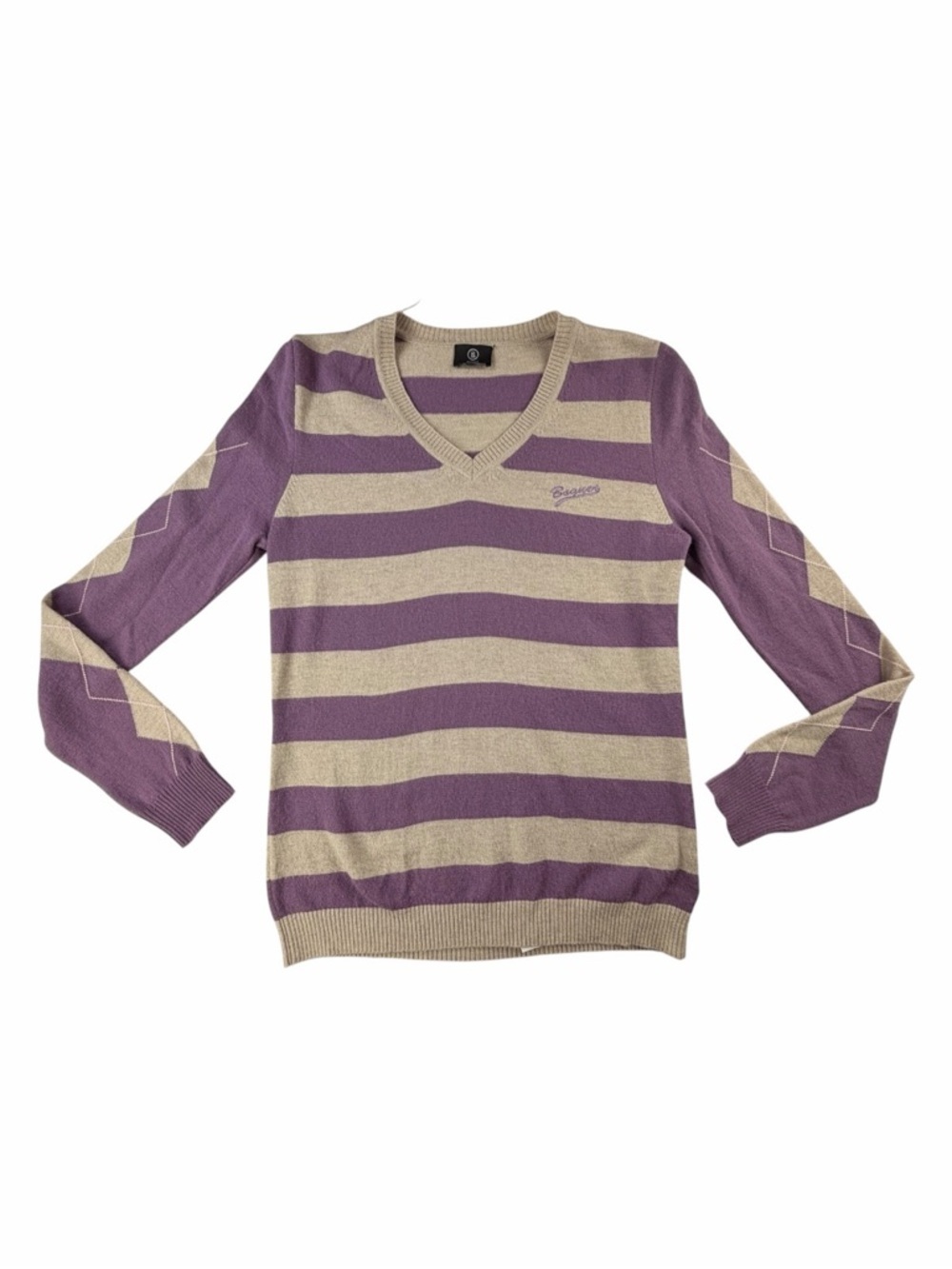 Bogner Women’s Black Label Virgin Wool Lilac Argyle & Striped V-Neck Sweater S
